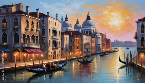 Oil Painting of the Romantic Canals of Venice Winding Past Elegant Palaces © Lucas