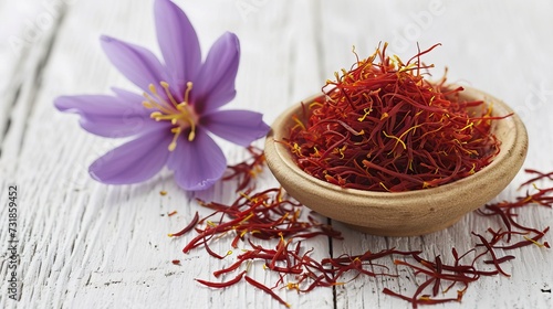 Dried saffron spice and lilac saffron flower on the white wooden table