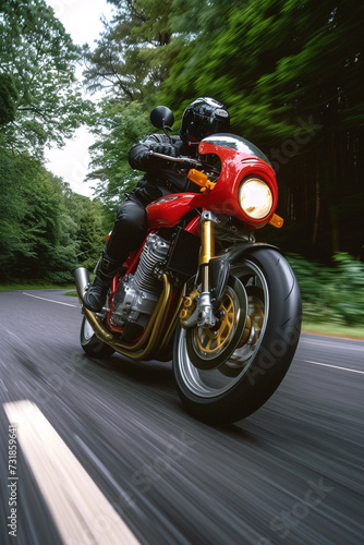 A man is riding a red motorcycle in an inland area that has good road quality. photo