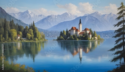 Serene Oil Painting of Lake Bled Nestled in the Julian Alps of Slovenia
