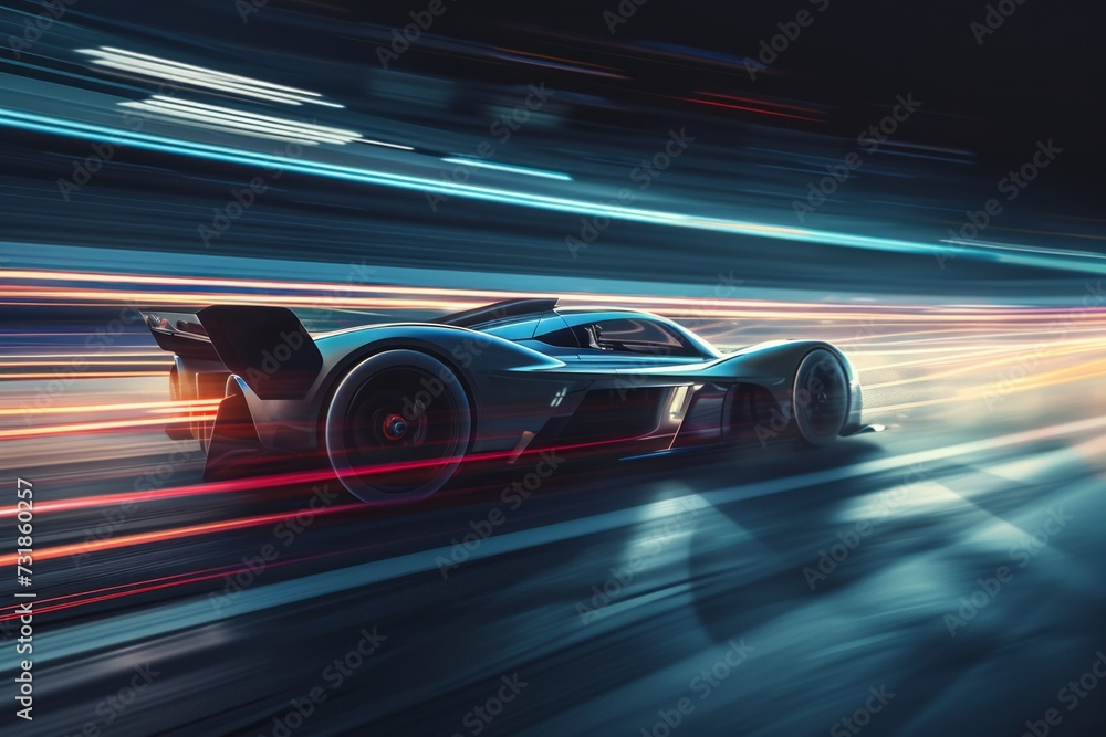 High speed futuristic race car with light trails on a track