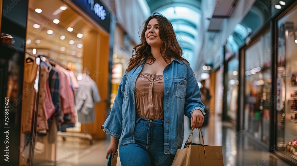 Beautiful plus-size woman enjoying shopping And smiling in a clothing store, stylish body positivity