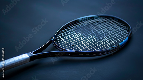 Side view of tennis racket on blue background