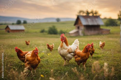 happy free range organic chicken in the meadow