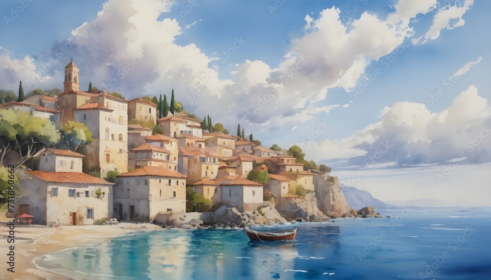 Mediterranean Village Seascape - Bright Watercolor Painting with Sunlit Clouds - obrazy, fototapety, plakaty 