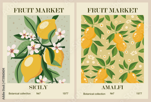 Set of abstract Fruit Market retro posters. Trendy kitchen gallery wall art with lemon citrus fruits. Modern naive groovy funky interior decorations, paintings. Vector art illustration.