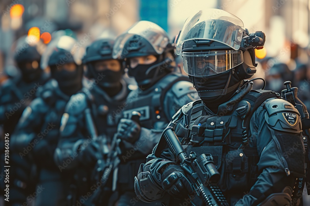 Fototapeta premium armed group of police officers with protective suits and helmets