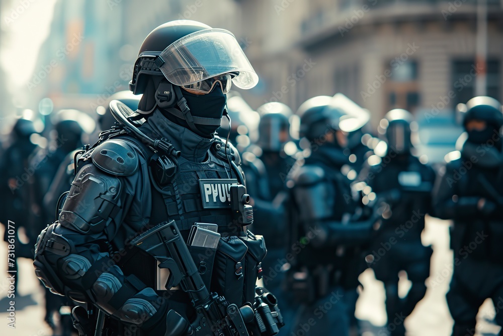 armed group of police officers with protective suits and helmets armed group of police officers with protective suits and helmets