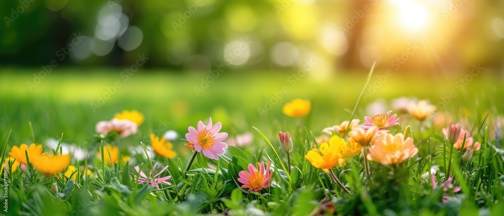 spring background flowers in the grass with natural bokeh