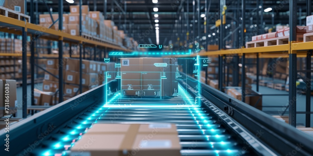 Fototapeta premium Futuristic conveyor belt with parcels and holographic data