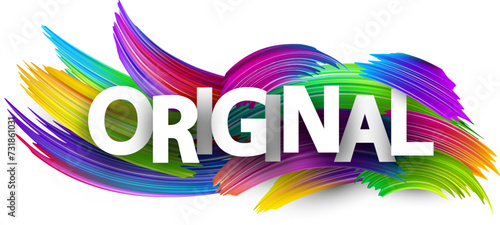 Original paper word sign with colorful spectrum paint brush strokes over white.