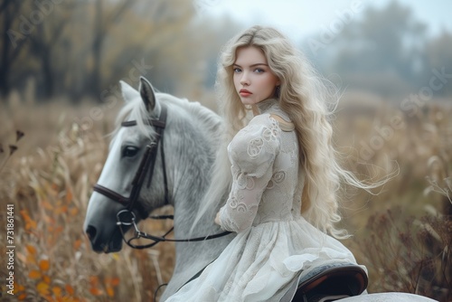 woman with long hair, wearing long white dress riding a silver grey horse in the field at autumn. 