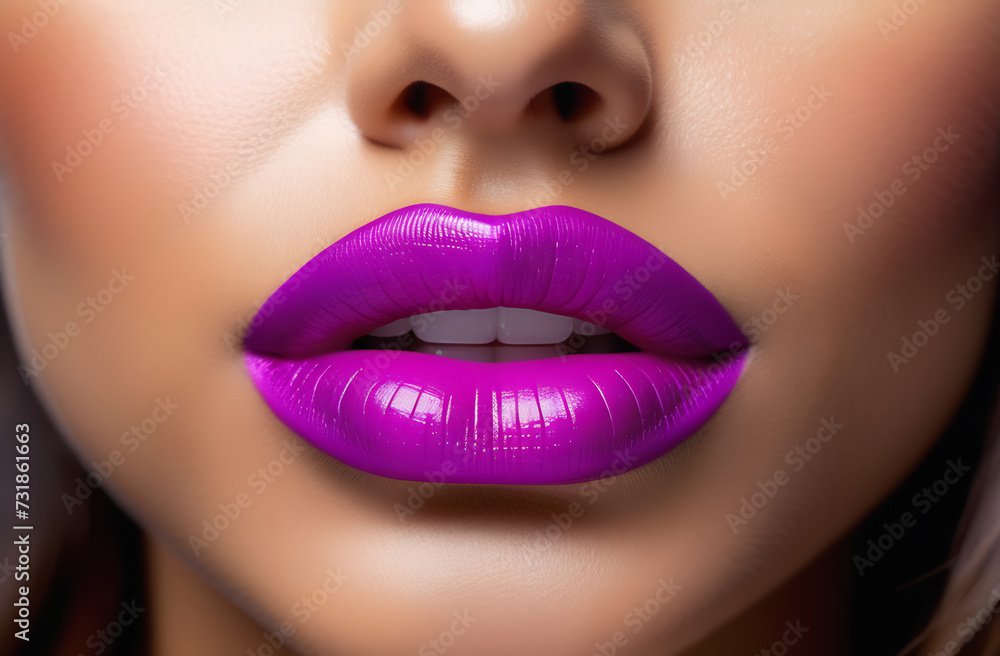 Fototapeta premium Bright red lipstick on female lips. White teeth. Body part,