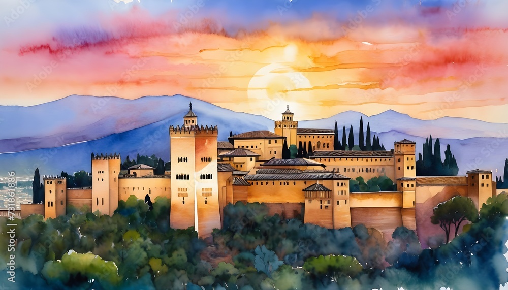 Watercolor Painting of the Alhambra Palace - its intricate Moorish architecture glowing in the warm hues of a Spanish sunrise