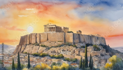 Watercolor Painting of the Acropolis of Athens - its ancient ruins glowing in the golden light of a Grecian sunset