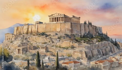 Ancient Acropolis of Athens Glows in Golden Light of Grecian Sunset