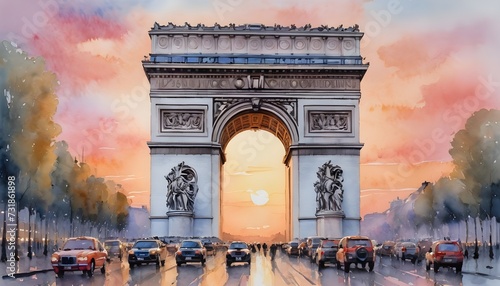 Watercolor Painting of the Arc de Triomphe - its grandeur softened by the pastel hues of a Parisian sunset photo
