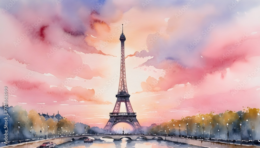 Watercolor Painting of the Majestic Eiffel Tower - Its Steel Frame Delicately Outlined Against a Soft Pink Sunset in Paris