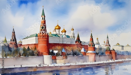 Watercolor Painting of the Kremlin - its colorful domes shimmering in the sunlight against a backdrop of blue skies in Moscow photo