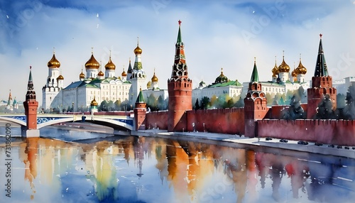 Serene Watercolor Painting of the Iconic Kremlin in Moscow Russia