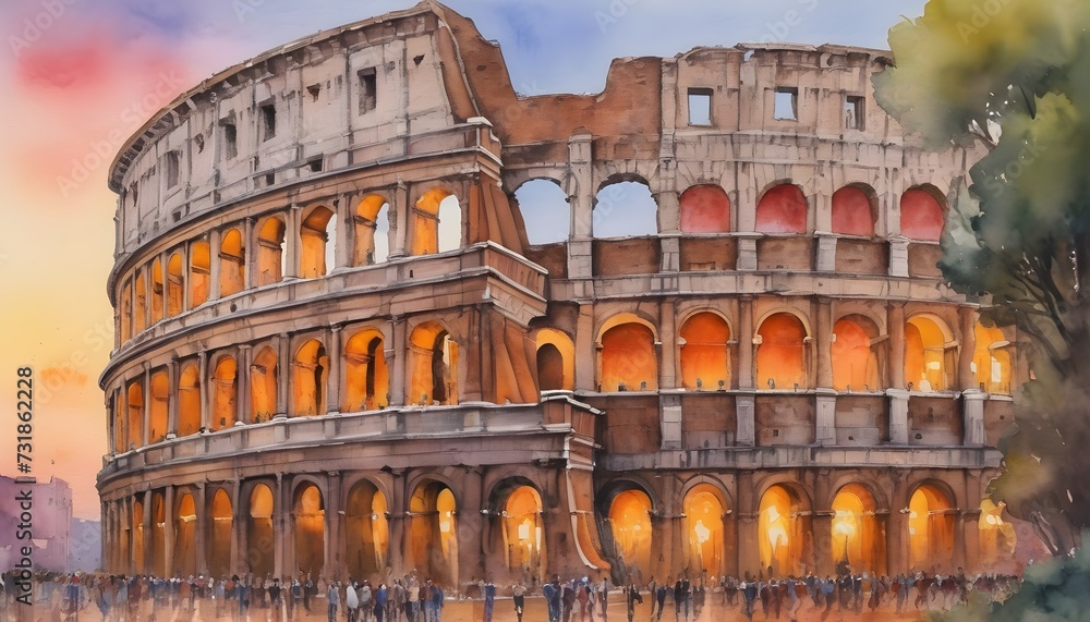 Watercolor Painting of the Roman Colosseum - its ancient arches glowing in the warm hues of a Mediterranean sunset in Rome