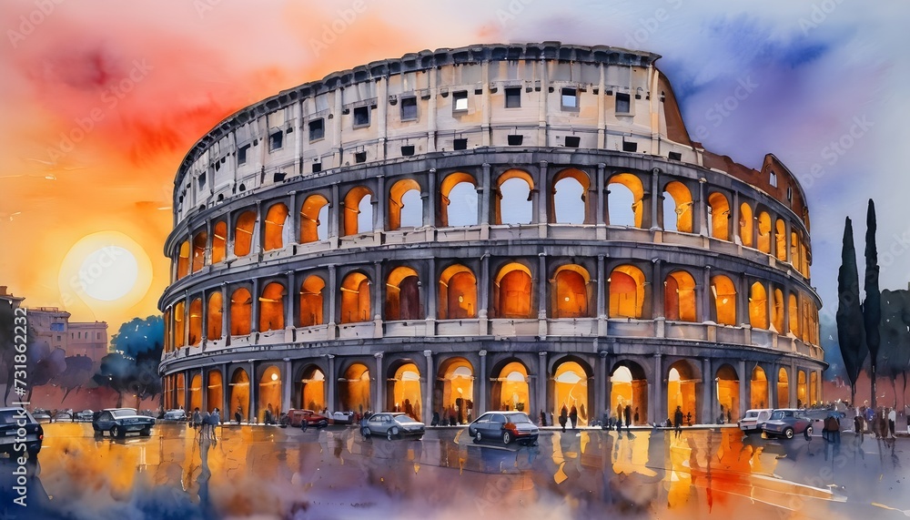 Watercolor Painting of the Roman Colosseum - its ancient arches glowing in the warm hues of a Mediterranean sunset in Rome