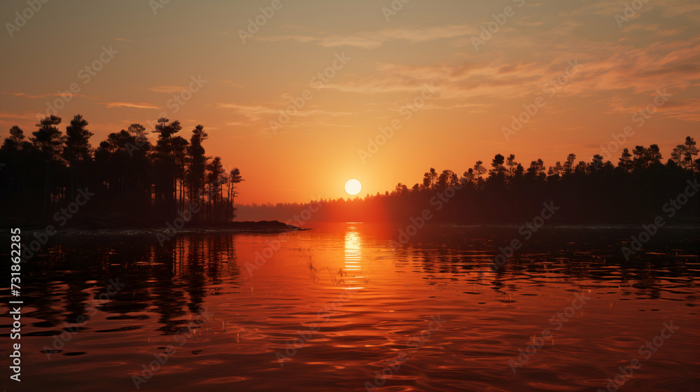 A calm sunset over a forest-lined lake, with the sky ablaze in orange hues reflecting off the water's surface