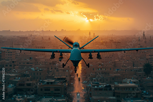 Illustration of a large military drone flying high over a big city, preparing to attack, war in an urban environment.