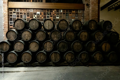 Wine casks at the winery. Stacked Wine barrels at the german winery. Old vintage whisky cask. old Single Malt