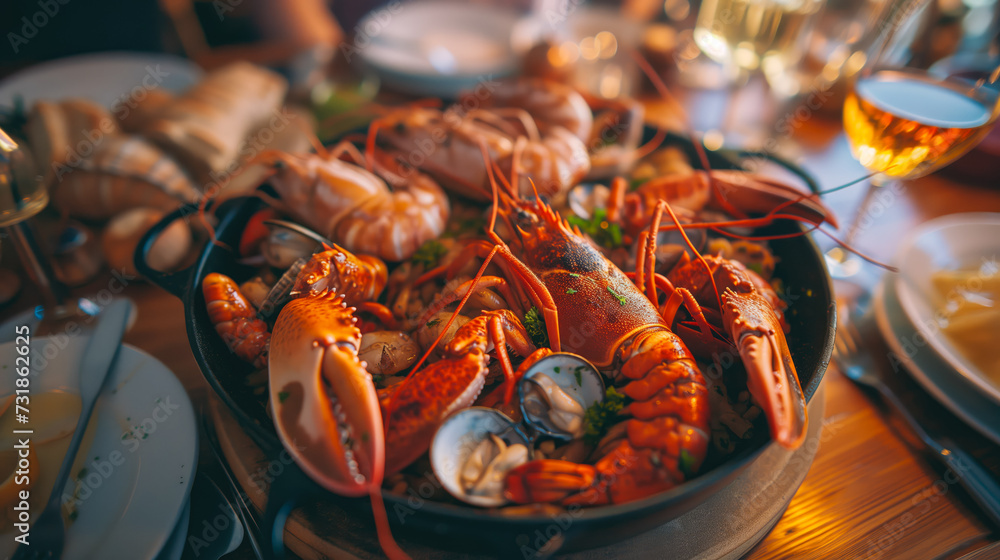 Roast shrimps on a table in a cozy restaurant with warm lighting, no people. Cooking seafood and luxury food concept. Roast shrimps on a table in a cozy restaurant with warm lighting, no people. Cooking seafood and luxury food concept.