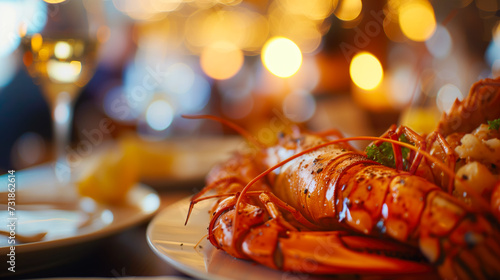 Roast langoustine on a table in a cozy restaurant with warm lighting, no people. Cooking seafood and luxury food concept. photo