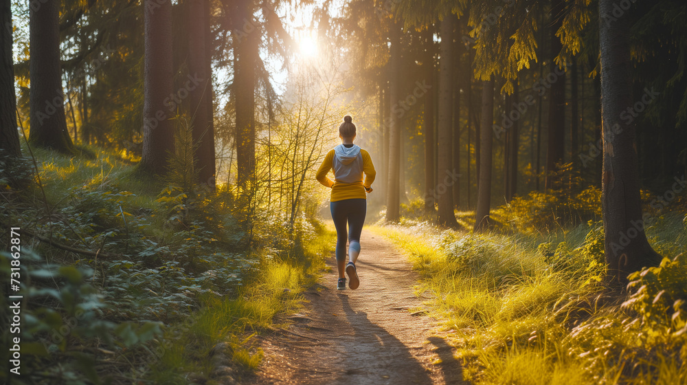 Fototapeta premium Female Runner on Forest Path at Sunrise: Active Lifestyle and Fitness in Nature Concept, Morning Jog in Sunlit Woods, Health and Wellness Outdoor Exercise, Peaceful Scenery for Athletic Endeavor