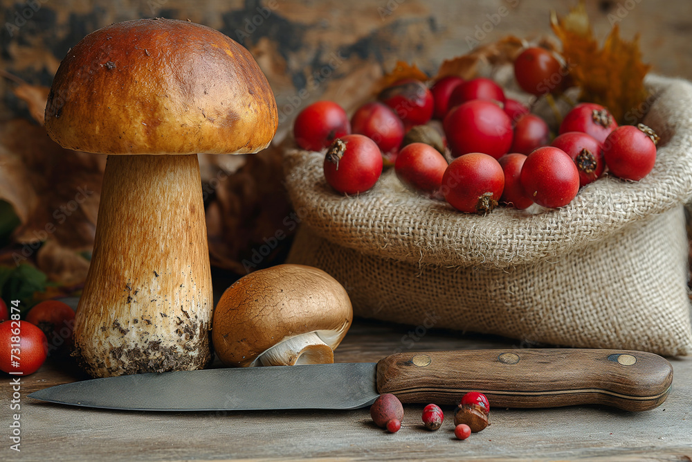 There is a bag of rose hips on the table, next to it is a knife and a porcini mushroom.