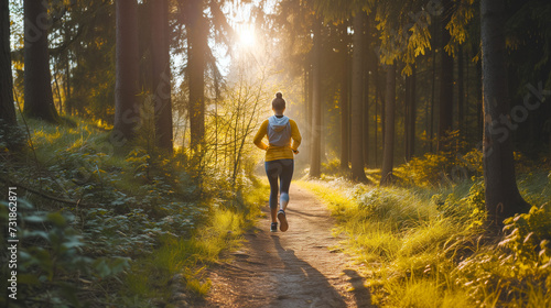Female Runner on Forest Path at Sunrise: Active Lifestyle and Fitness in Nature Concept, Morning Jog in Sunlit Woods, Health and Wellness Outdoor Exercise, Peaceful Scenery for Athletic Endeavor