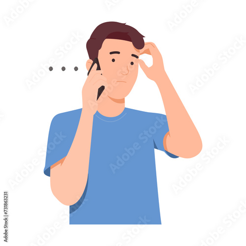 Man holds a mobile phone in his hand and scratches his head in puzzled mood. Employees listen to their bosses when they complain or explain things that are difficult to understand