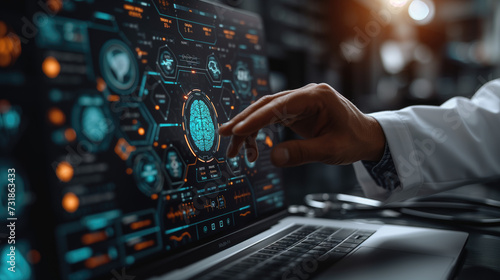 Modern technology in health care medical diagnosis of the brain Online medical infographic concept Artificial intelligence helps integrate and analyze data about health patients.