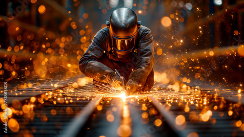 A Caucasian man in protective clothing welds metal structures at a factory. Professional mechanic making steel parts in a workshop.