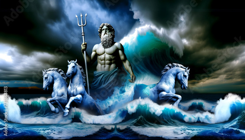 illustration of Neptune, the Roman god of the sea, earthquakes and horses