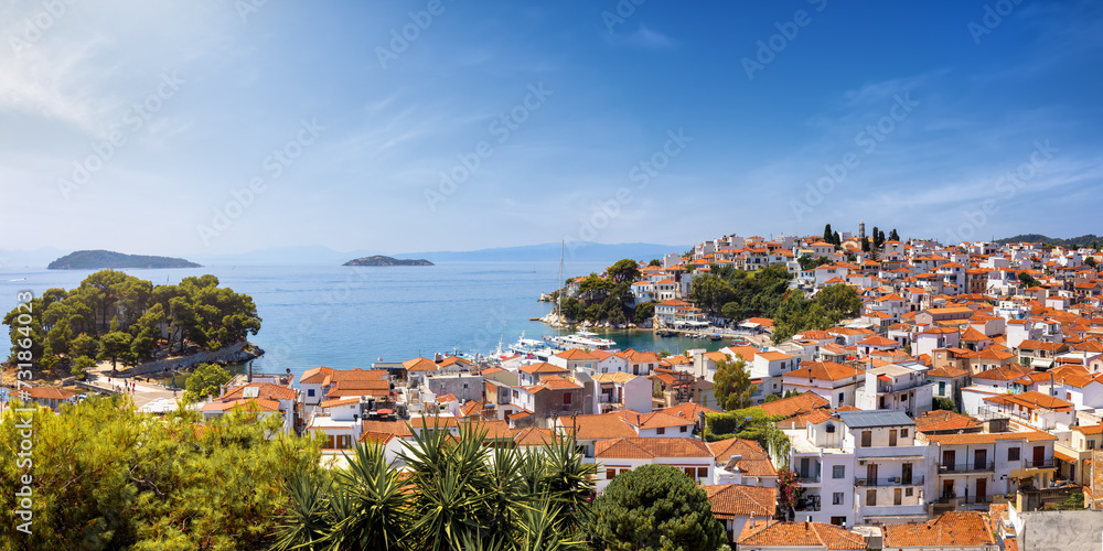 Panoramic summer day view over the town of Skiathos island with the traditional, red roofed houses, Sporades, Greece