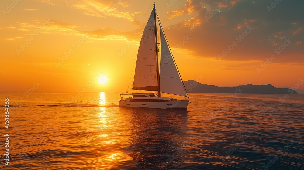 A modern sailing during the sunset. Generative AI.