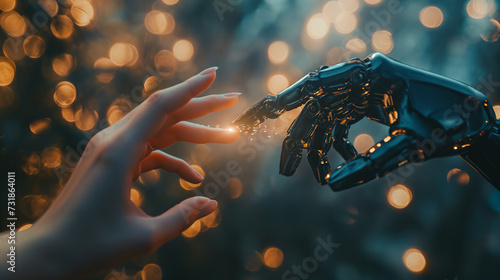 A human hand and a robotic hand reach towards each other, fingertips almost touching, in a dark setting with soft bokeh lights in the background photo