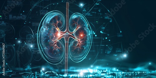 Transparent digital illustration of kidneys with health monitoring data.