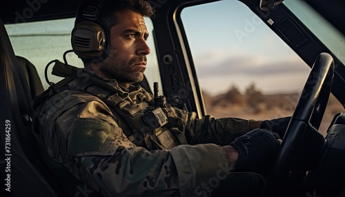 A soldier sitting in the driver seat of a truck, ready for action.
