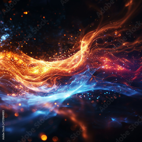 Cosmic Firestream. Fiery cosmic stream weaving through space with sparkling particles.