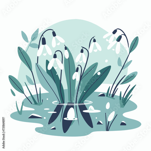 Flowering snowdrops in water. Vector illustration in flat style.