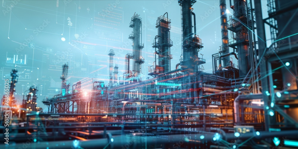 Industrial plant with futuristic data analytics and operational metrics overlay.