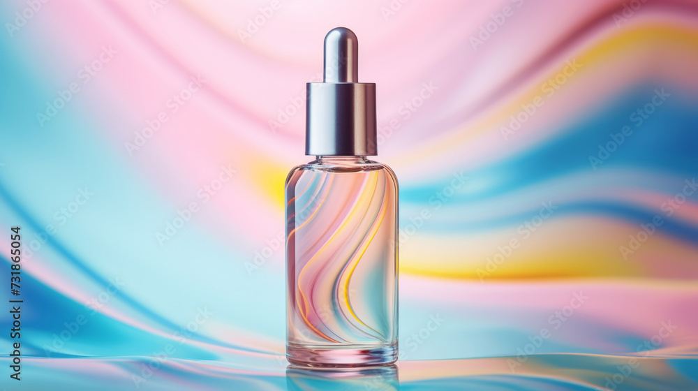 Cosmetic bottle on colorful water texture background with splashes Cosmetic bottle on colorful water texture background with splashes