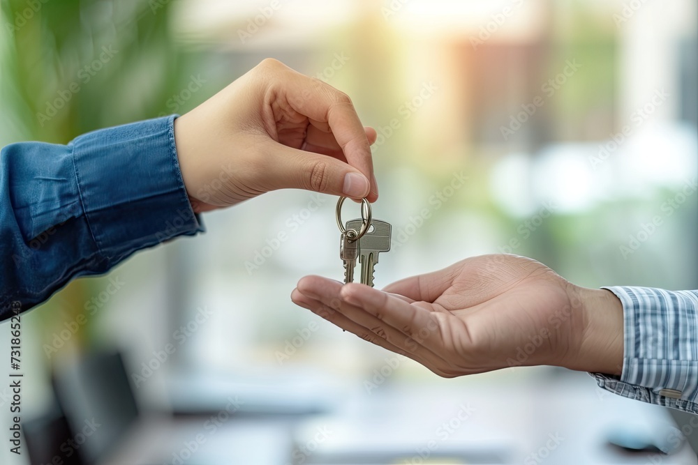 
New Homeowner: Realtor Handing Keys to a House
