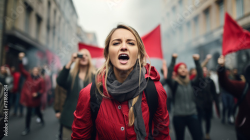 A young woman shouts a cry against the backdrop of a crowd of people