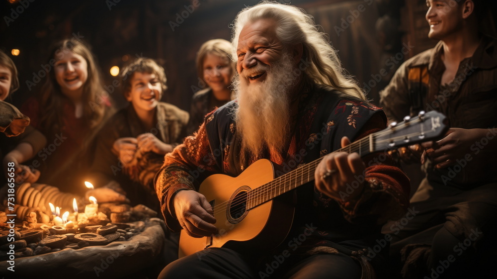 elderly man with a long white beard, joyfully playing his guitar elderly man with a long white beard, joyfully playing his guitar